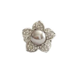 Size 6 - Rhodium Plated Flower Purple/Grey Glass Pearl with Diamond Crystals